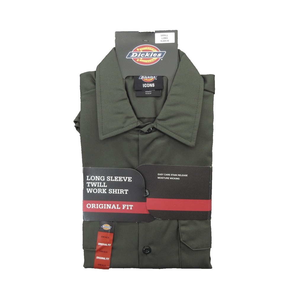 Dickies Men Work Shirt Small Olive Green Twill Work Long Sleeve Original Fit New